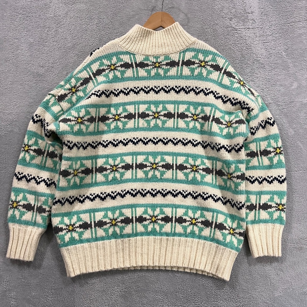 VTG American Eagle Sweater Womens S Green Beige Chunky Fair Isle Preppy Retro